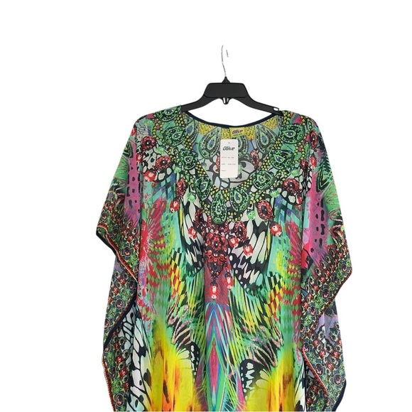 Vibrant Multicolor V-neck Kaftan Dress with rhinestones. One size. Sheer - Picture 2 of 10